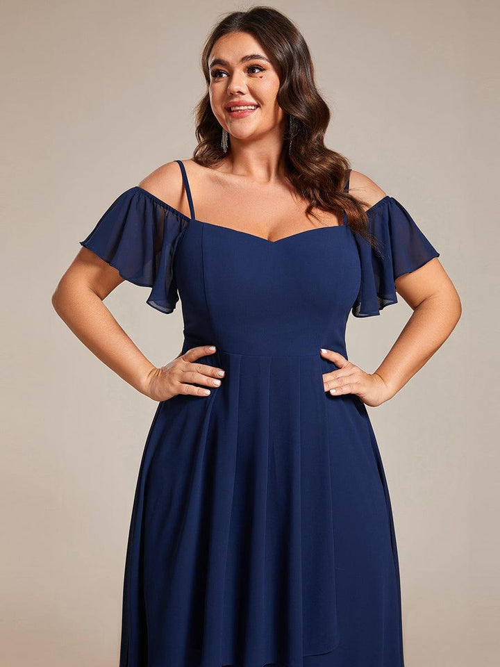 pretty JORDANE|Plus Size Off-Shoulder High-Low Chiffon Wedding Guest Dresses with Short Sleeves