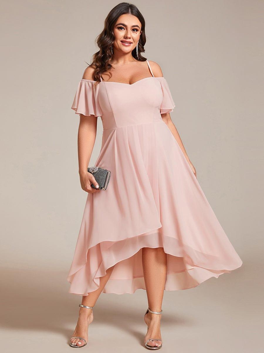 pretty JORDANE|Plus Size Off-Shoulder High-Low Chiffon Wedding Guest Dresses with Short Sleeves