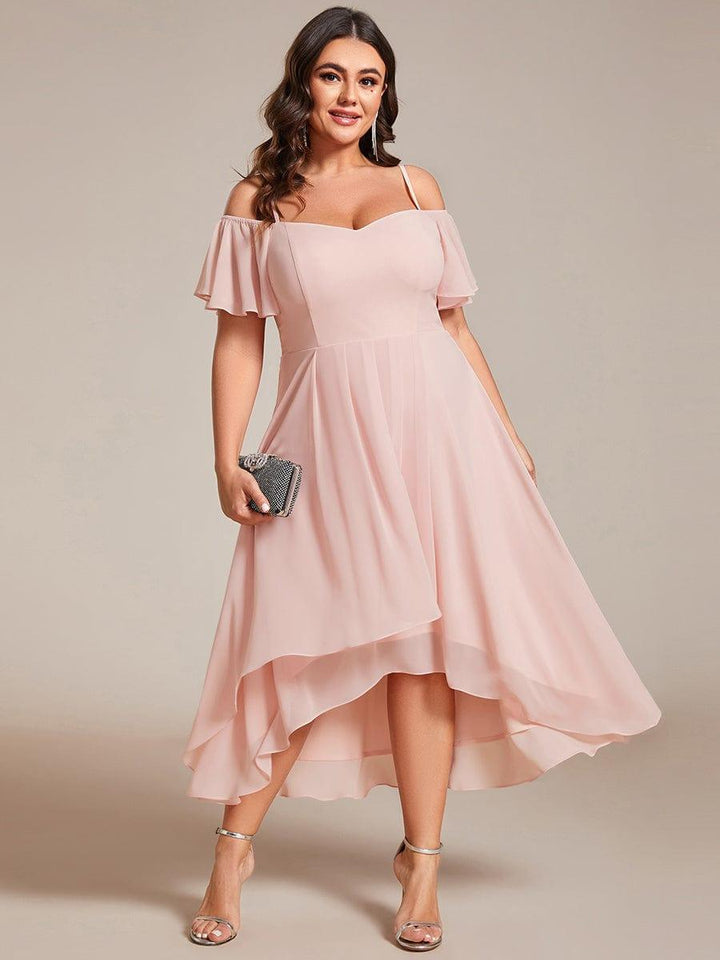 pretty JORDANE|Plus Size Off-Shoulder High-Low Chiffon Wedding Guest Dresses with Short Sleeves