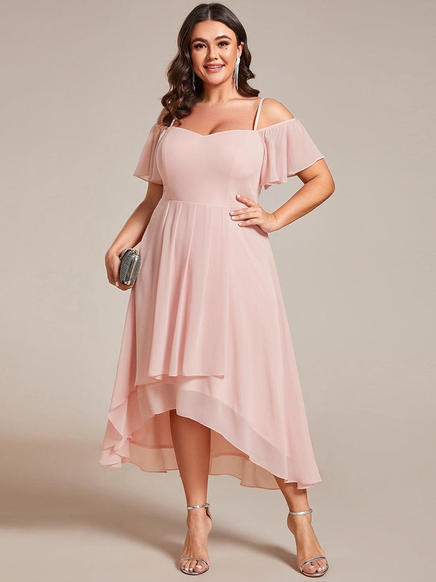 pretty JORDANE|Plus Size Off-Shoulder High-Low Chiffon Wedding Guest Dresses with Short Sleeves