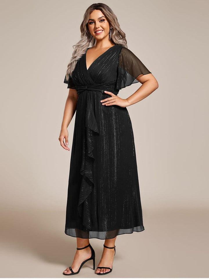 pretty OPAHL|Plus Size Glitter Short Sleeve A-Line Midi Wedding Guest Dress with Ruffled Hem