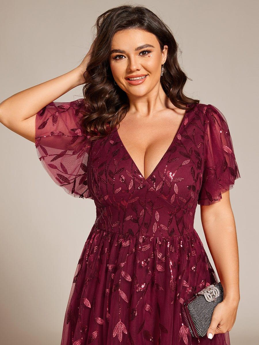 pretty SIMONE|Plus Size Leaf Sequin Tulle Midi Wedding Guest Dress
