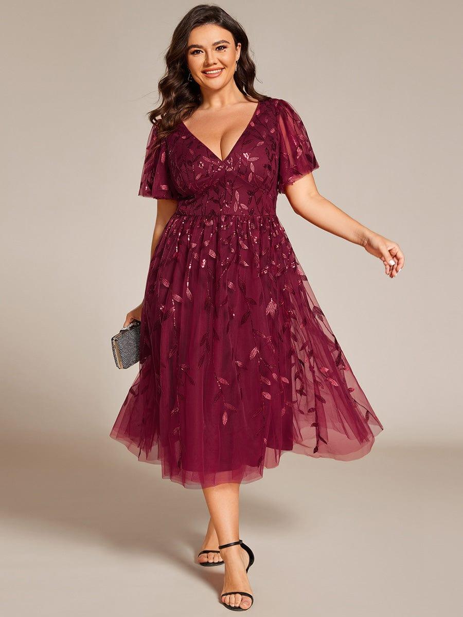 pretty SIMONE|Plus Size Leaf Sequin Tulle Midi Wedding Guest Dress