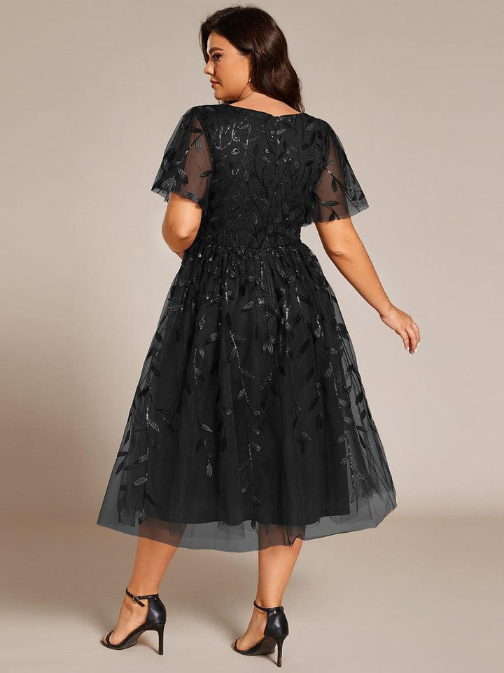 pretty SIMONE|Plus Size Leaf Sequin Tulle Midi Wedding Guest Dress