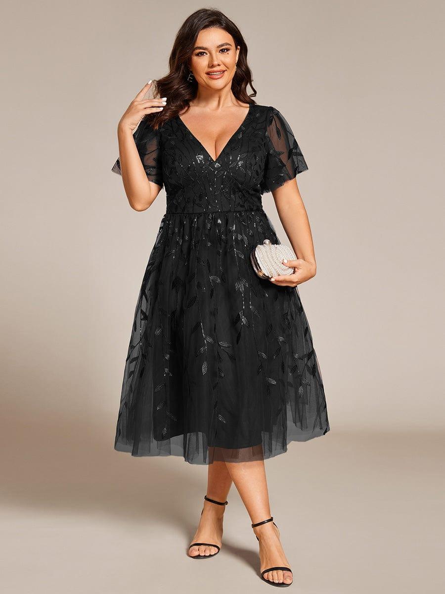pretty SIMONE|Plus Size Leaf Sequin Tulle Midi Wedding Guest Dress