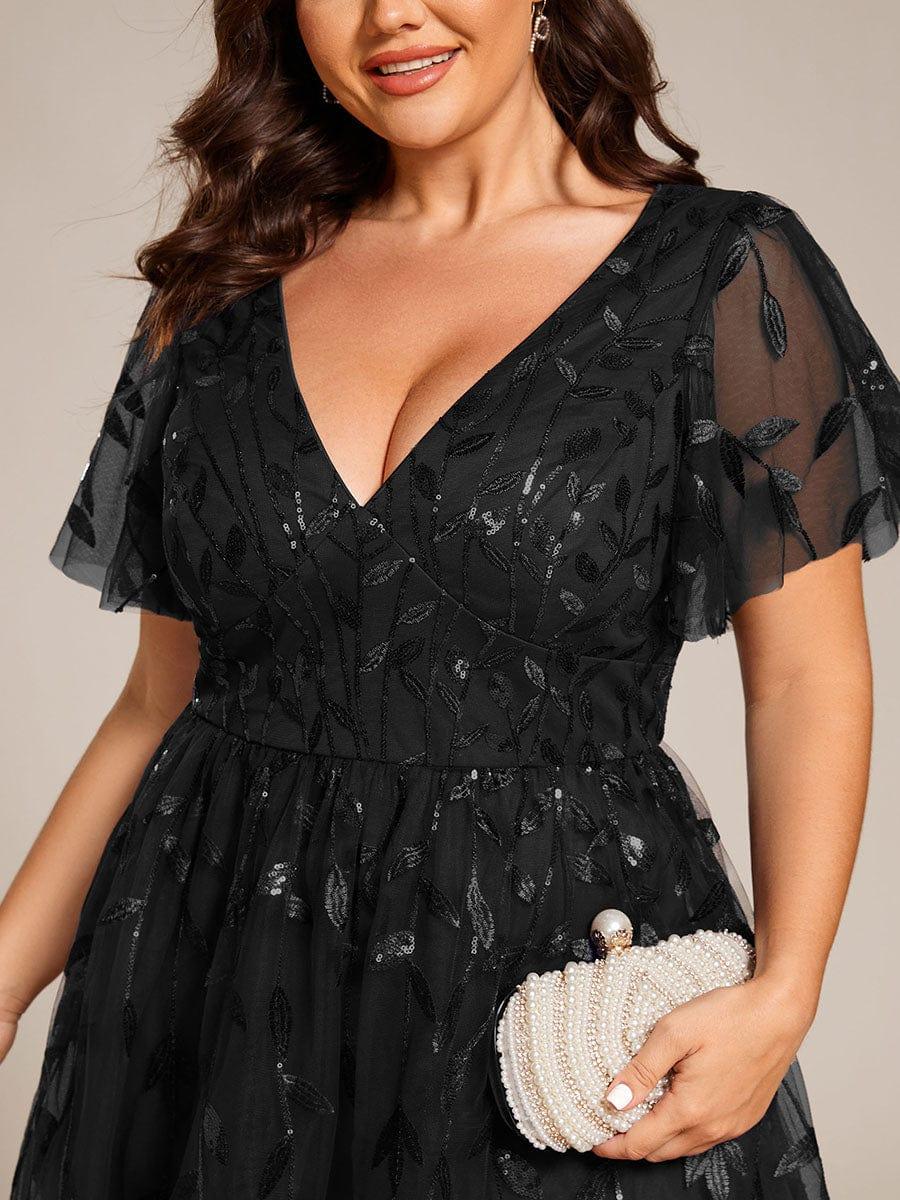 pretty SIMONE|Plus Size Leaf Sequin Tulle Midi Wedding Guest Dress