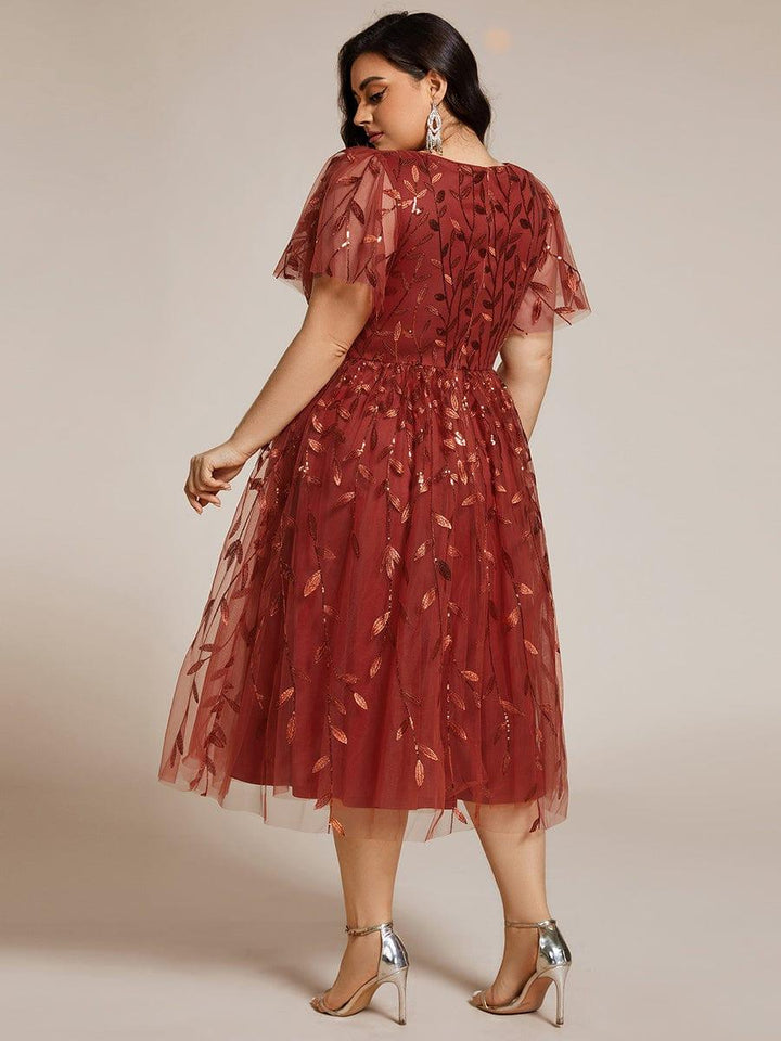 pretty SIMONE|Plus Size Leaf Sequin Tulle Midi Wedding Guest Dress