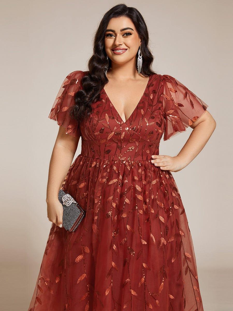 pretty SIMONE|Plus Size Leaf Sequin Tulle Midi Wedding Guest Dress