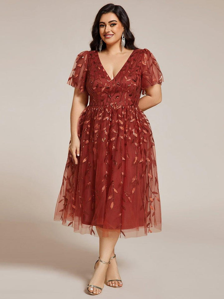 pretty SIMONE|Plus Size Leaf Sequin Tulle Midi Wedding Guest Dress