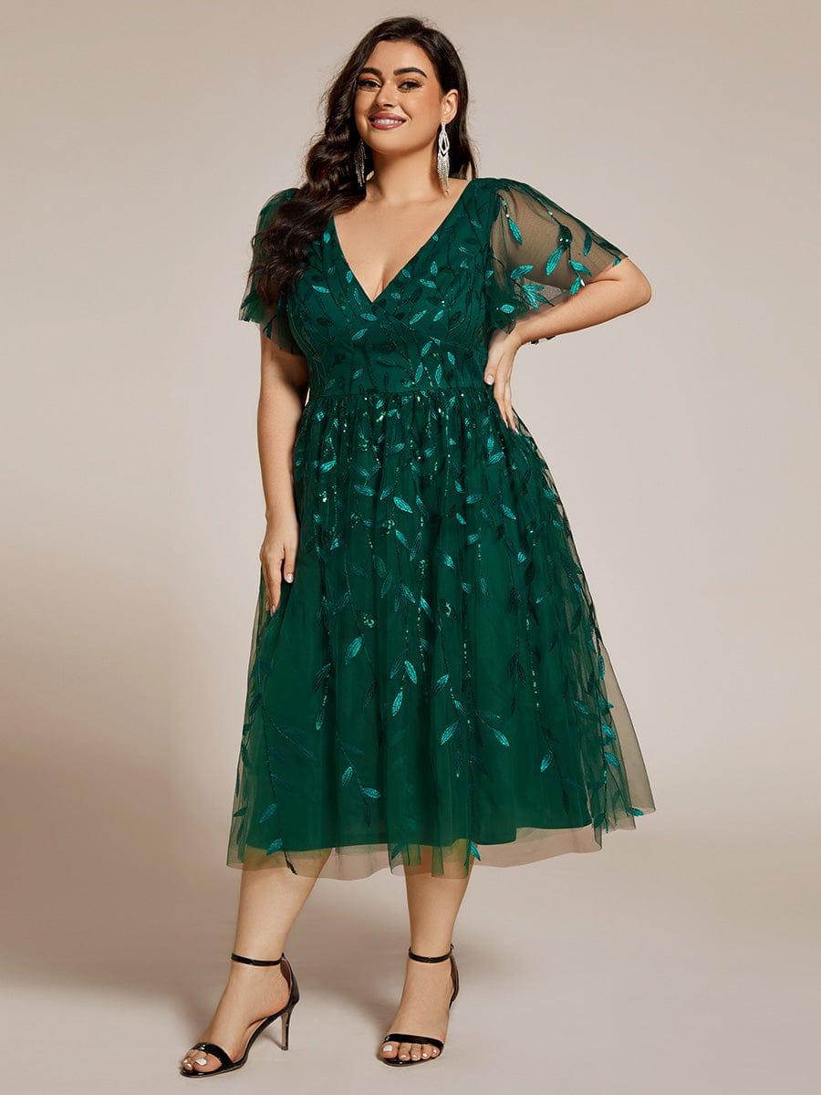pretty SIMONE|Plus Size Leaf Sequin Tulle Midi Wedding Guest Dress