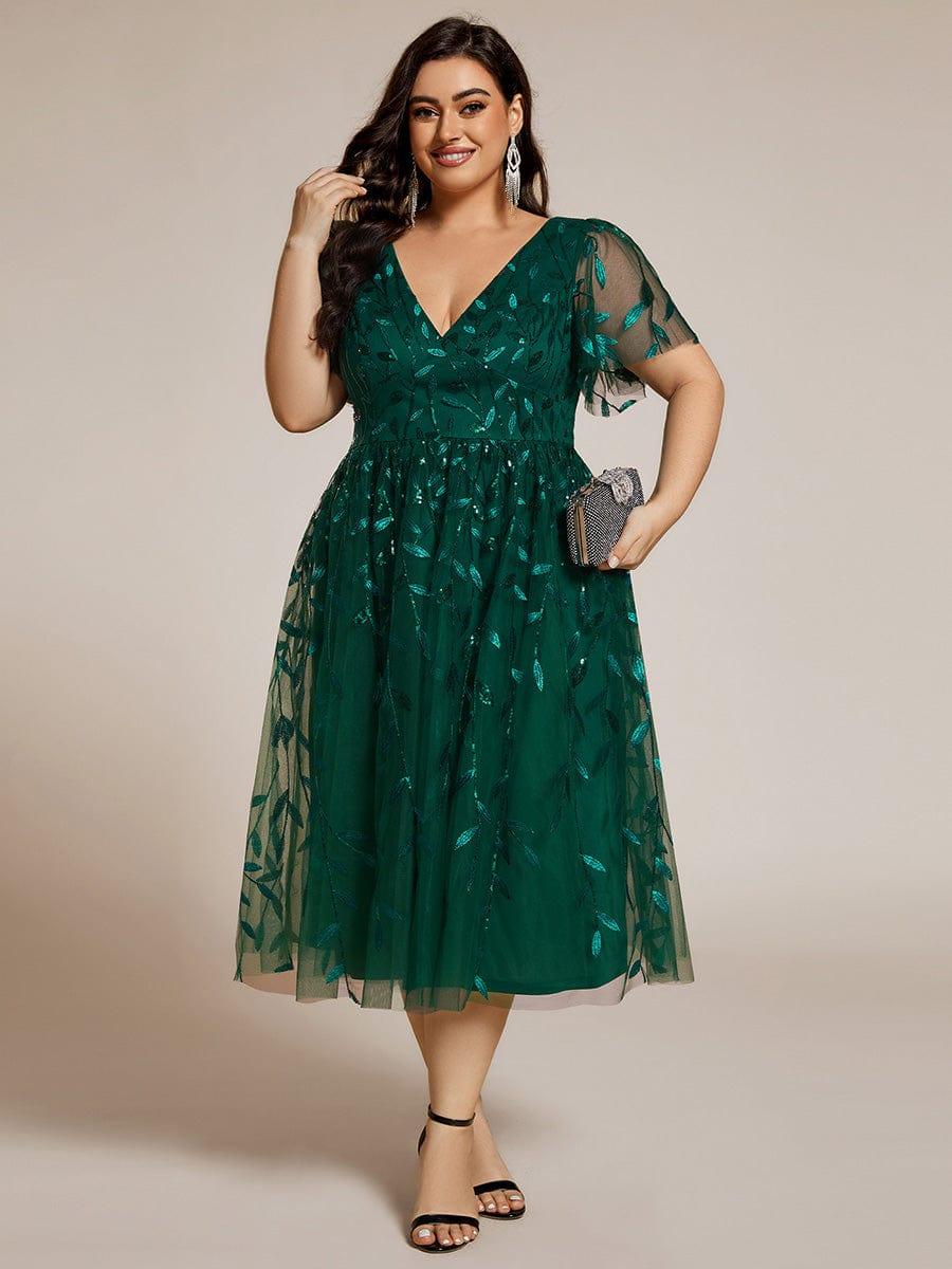 pretty SIMONE|Plus Size Leaf Sequin Tulle Midi Wedding Guest Dress