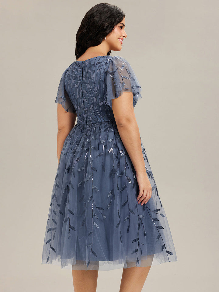pretty SIMONE|Plus Size Leaf Sequin Tulle Midi Wedding Guest Dress