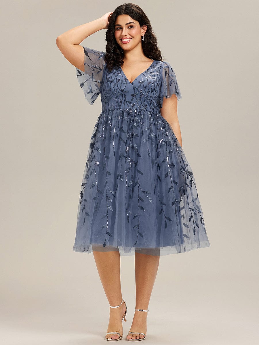 pretty SIMONE|Plus Size Leaf Sequin Tulle Midi Wedding Guest Dress