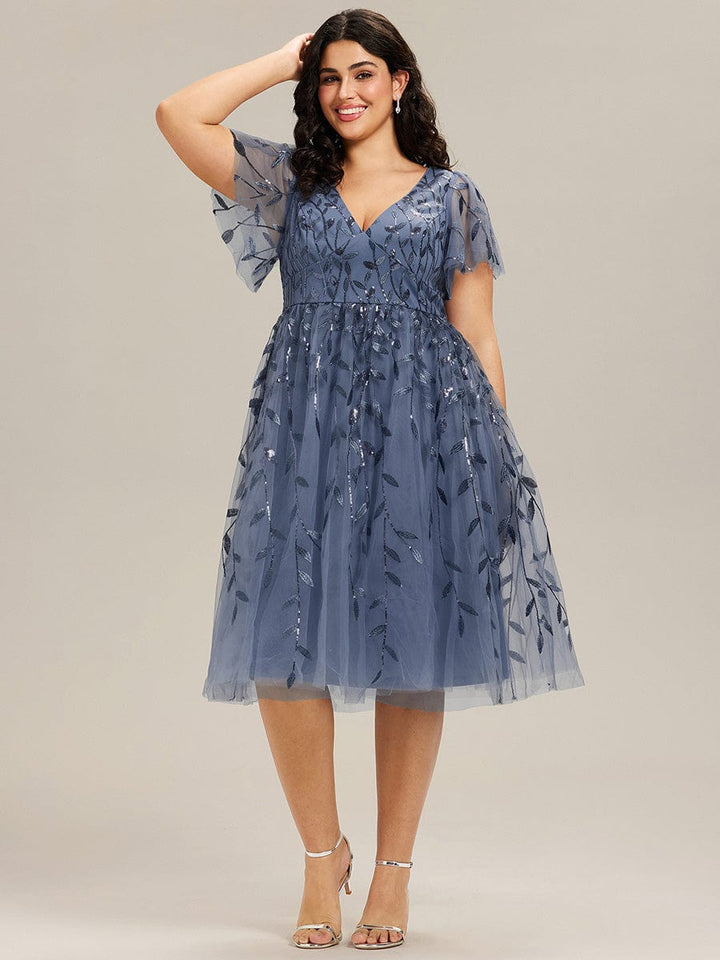 pretty SIMONE|Plus Size Leaf Sequin Tulle Midi Wedding Guest Dress
