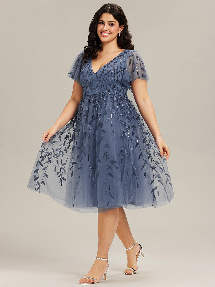 pretty SIMONE|Plus Size Leaf Sequin Tulle Midi Wedding Guest Dress