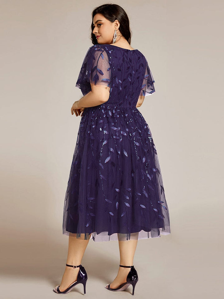pretty SIMONE|Plus Size Leaf Sequin Tulle Midi Wedding Guest Dress