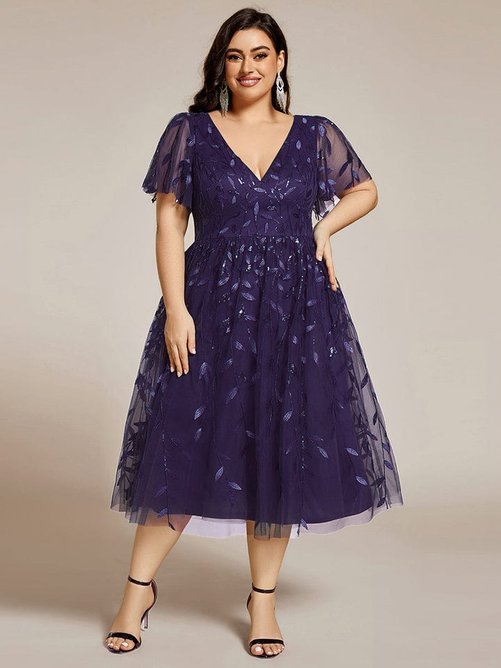 pretty SIMONE|Plus Size Leaf Sequin Tulle Midi Wedding Guest Dress