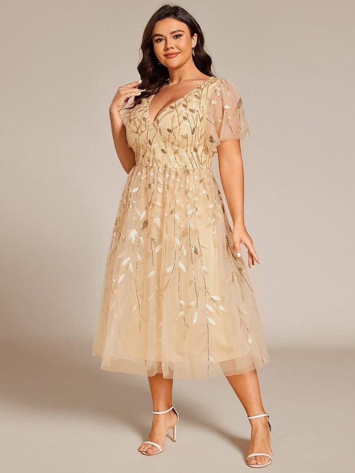 pretty SIMONE|Plus Size Leaf Sequin Tulle Midi Wedding Guest Dress