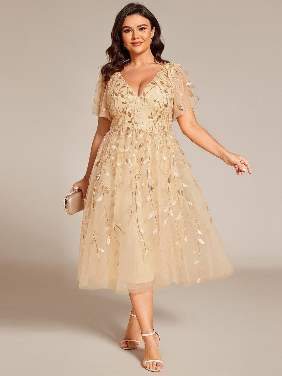 pretty SIMONE|Plus Size Leaf Sequin Tulle Midi Wedding Guest Dress
