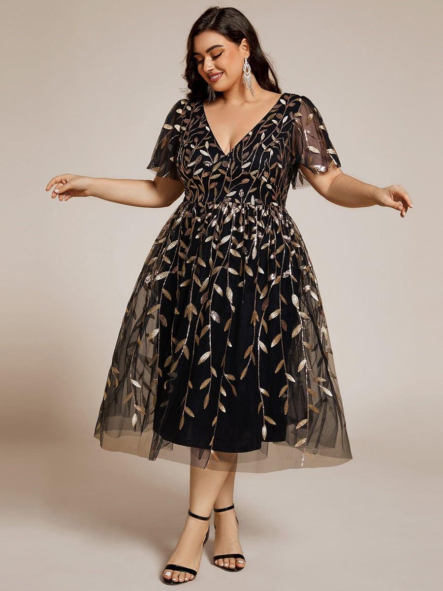pretty SIMONE|Plus Size Leaf Sequin Tulle Midi Wedding Guest Dress