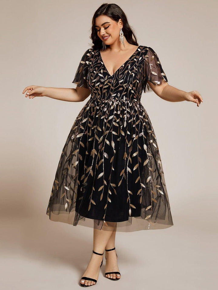 pretty SIMONE|Plus Size Leaf Sequin Tulle Midi Wedding Guest Dress