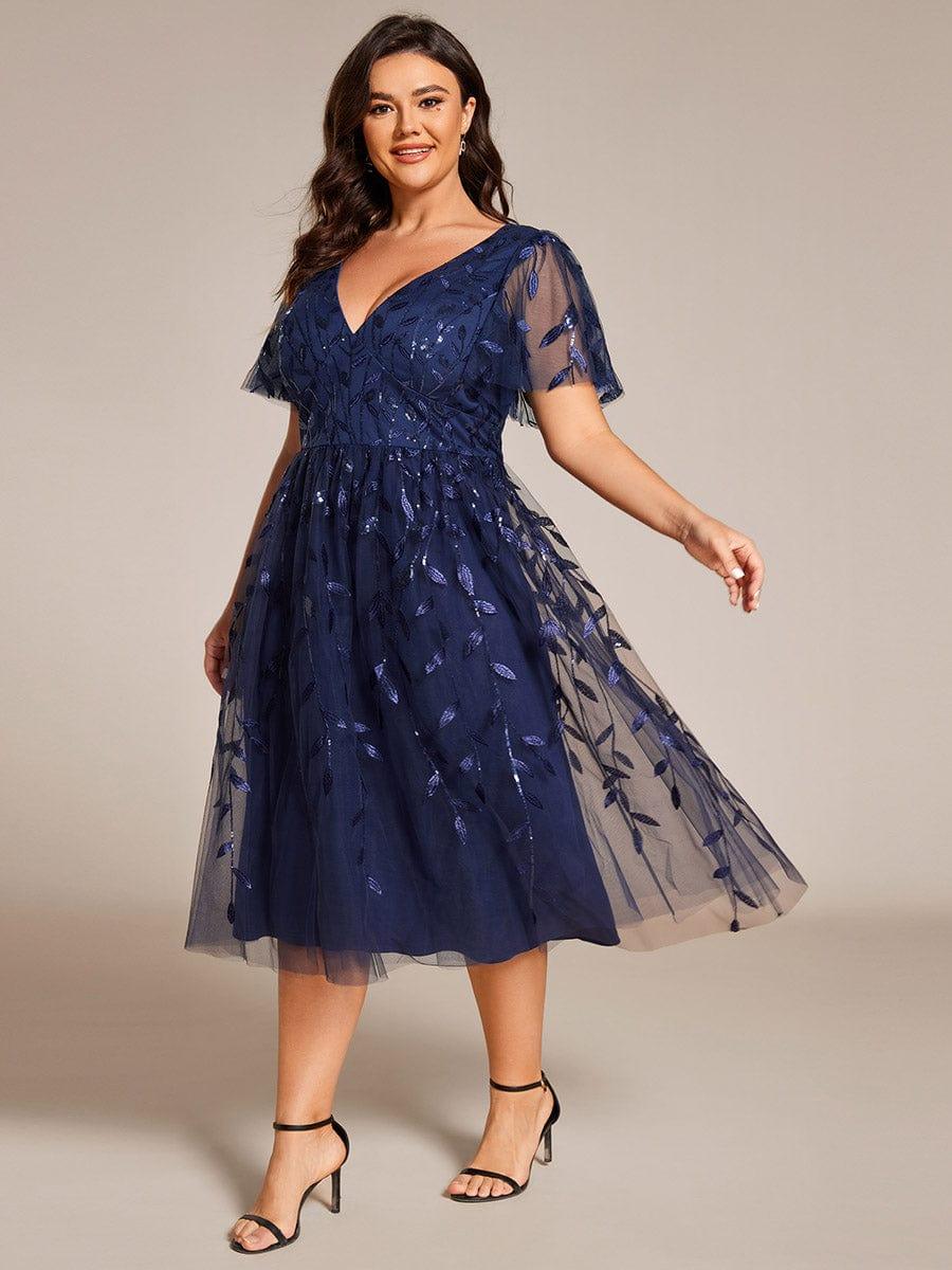 pretty SIMONE|Plus Size Leaf Sequin Tulle Midi Wedding Guest Dress