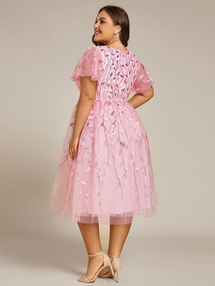pretty SIMONE|Plus Size Leaf Sequin Tulle Midi Wedding Guest Dress