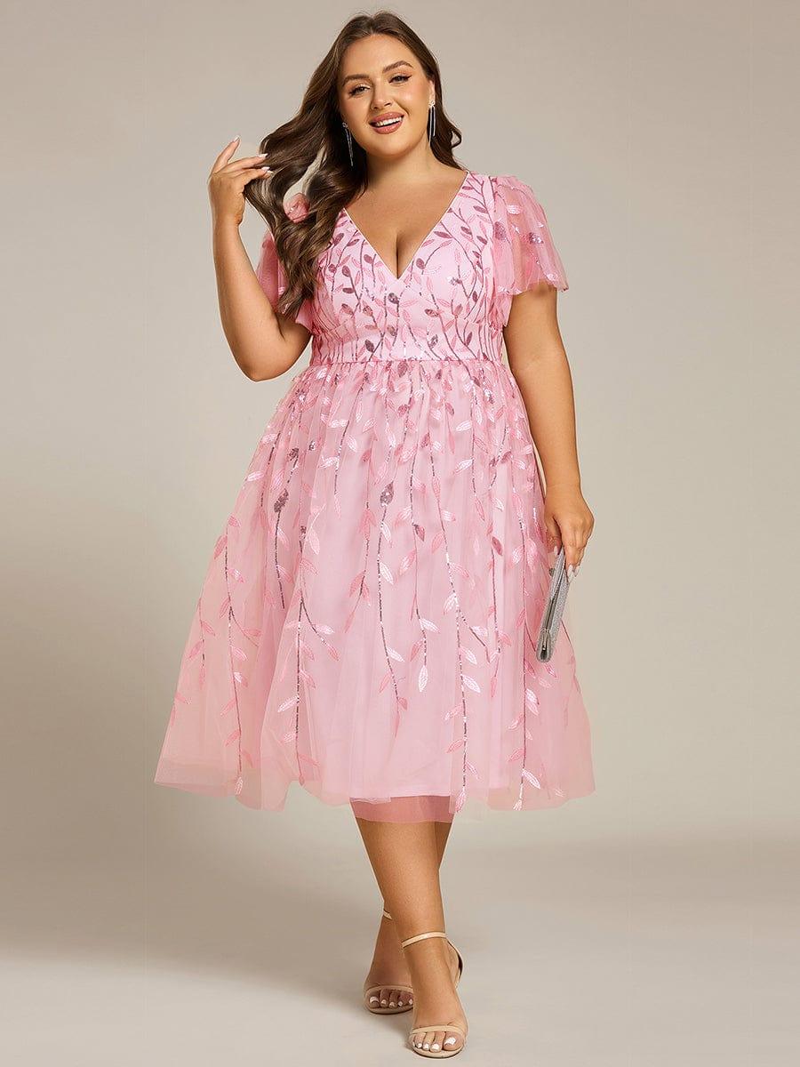 pretty SIMONE|Plus Size Leaf Sequin Tulle Midi Wedding Guest Dress