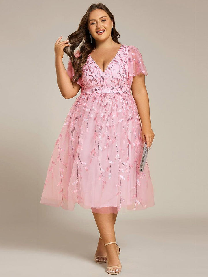 pretty SIMONE|Plus Size Leaf Sequin Tulle Midi Wedding Guest Dress