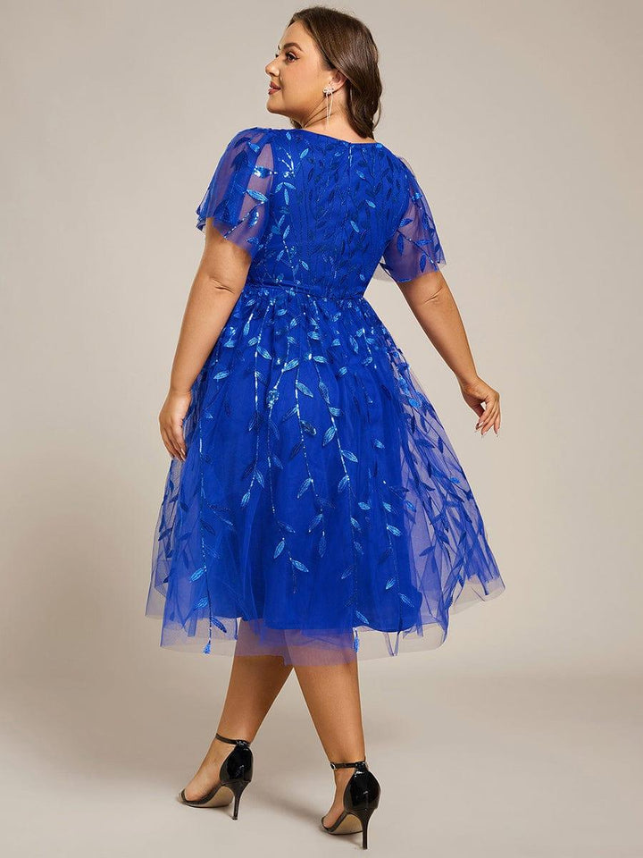 pretty SIMONE|Plus Size Leaf Sequin Tulle Midi Wedding Guest Dress