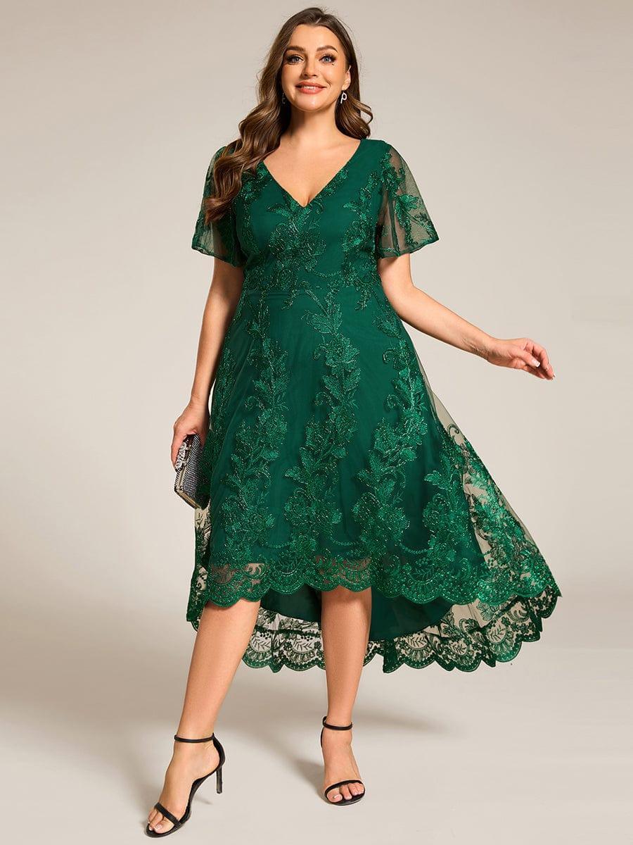 pretty TIDAL|Plus Size Embroidered Mesh High-Low Midi Wedding Guest Dress with Short Sleeves