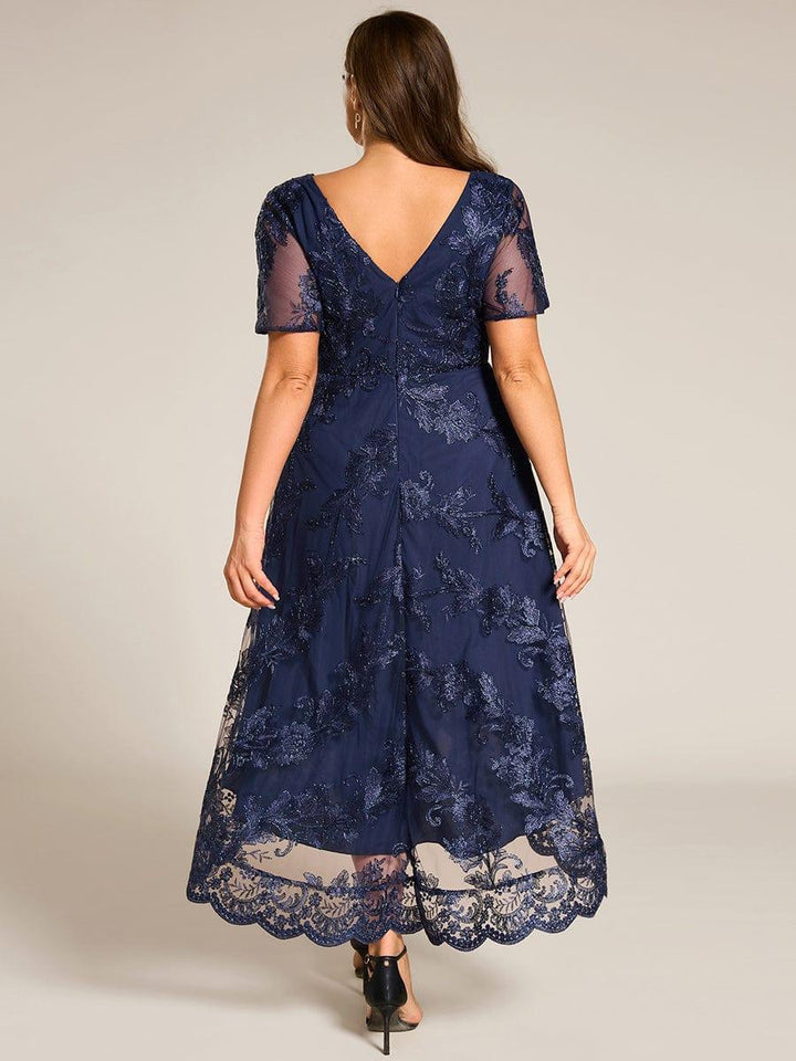 pretty TIDAL|Plus Size Embroidered Mesh High-Low Midi Wedding Guest Dress with Short Sleeves