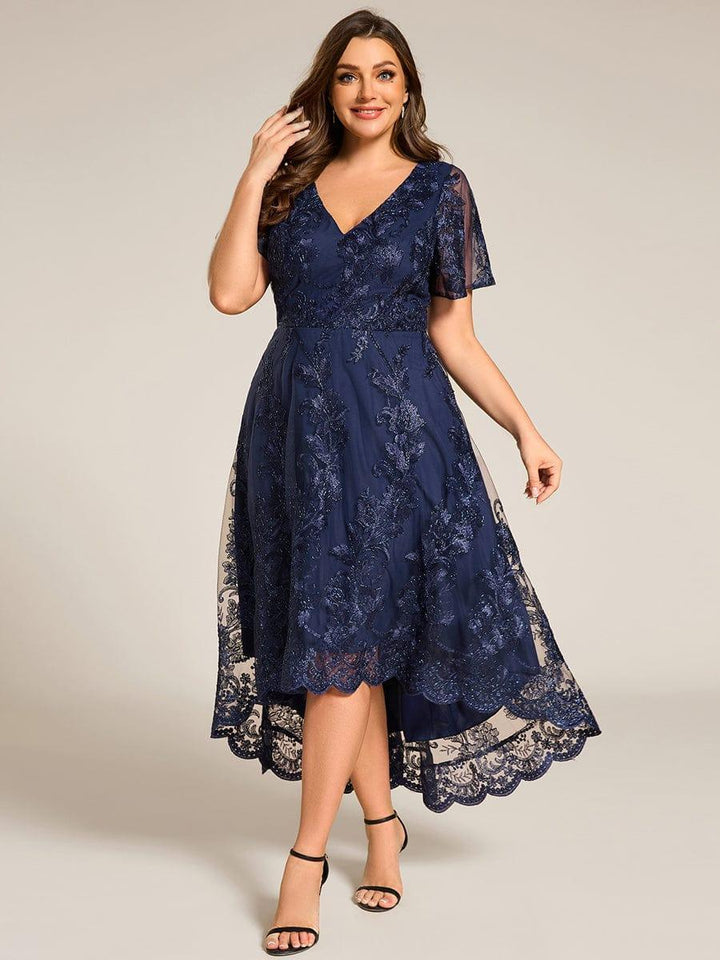 pretty TIDAL|Plus Size Embroidered Mesh High-Low Midi Wedding Guest Dress with Short Sleeves