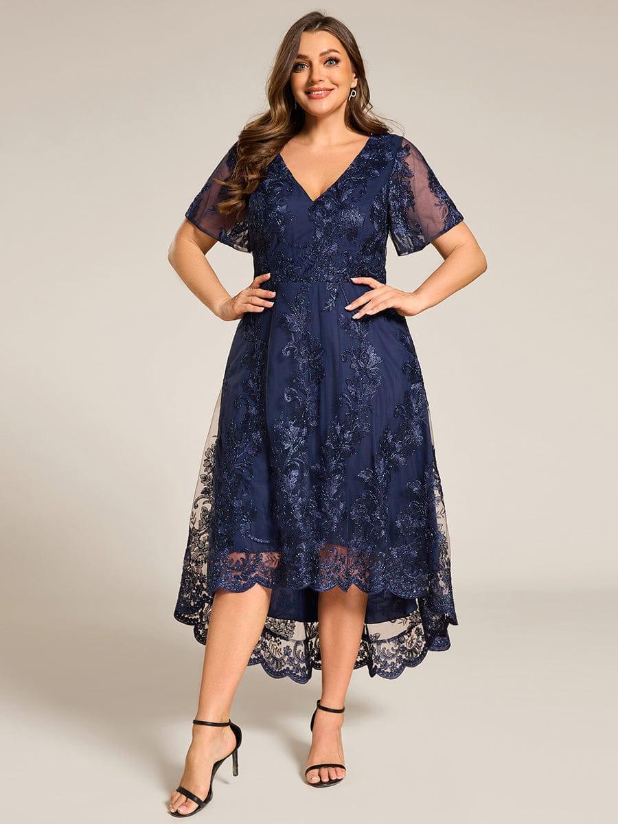 pretty TIDAL|Plus Size Embroidered Mesh High-Low Midi Wedding Guest Dress with Short Sleeves