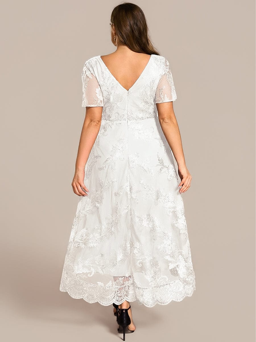 pretty TIDAL|Plus Size Embroidered Mesh High-Low Midi Wedding Guest Dress with Short Sleeves
