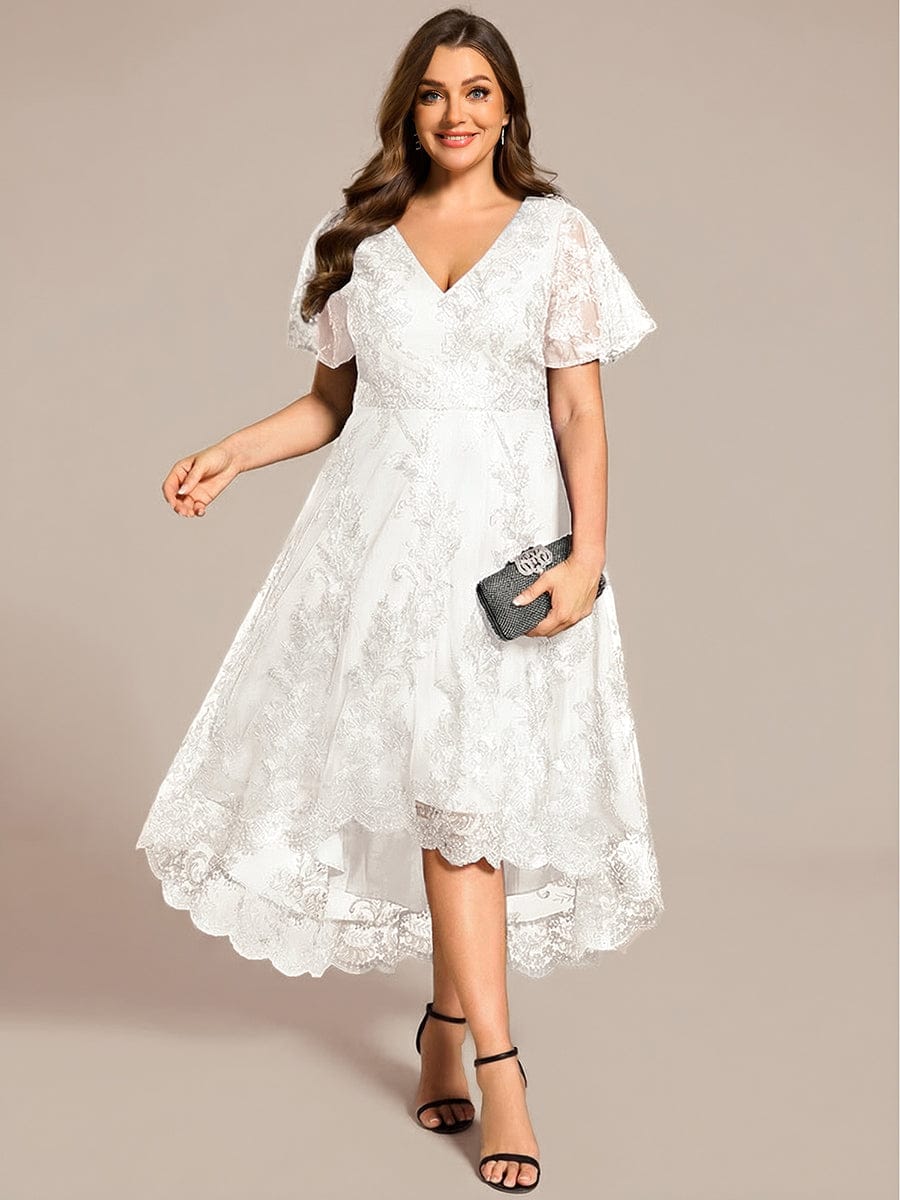 pretty TIDAL|Plus Size Embroidered Mesh High-Low Midi Wedding Guest Dress with Short Sleeves