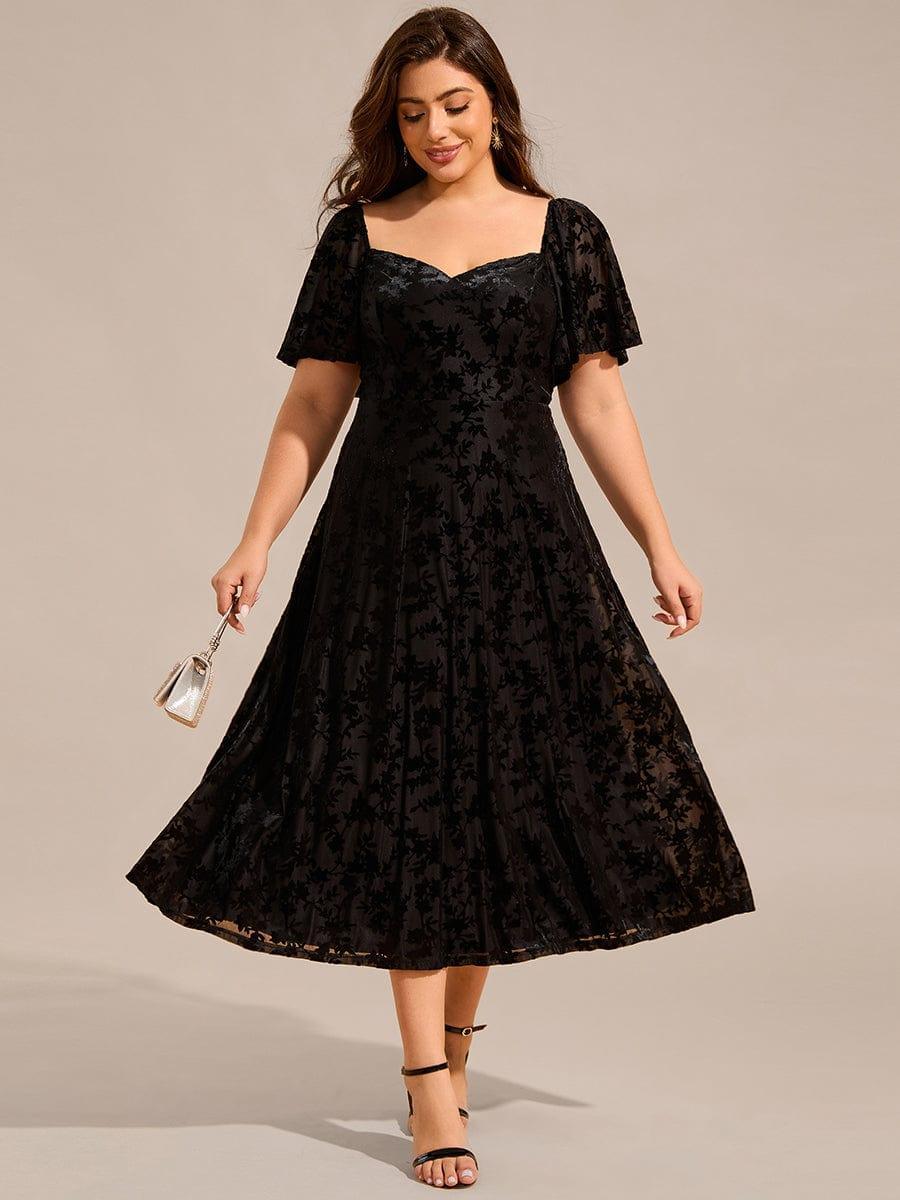 pretty BLOOM|Plus Size Velvet Short Sleeve Tea-Length Jacquard Wedding Guest Dress