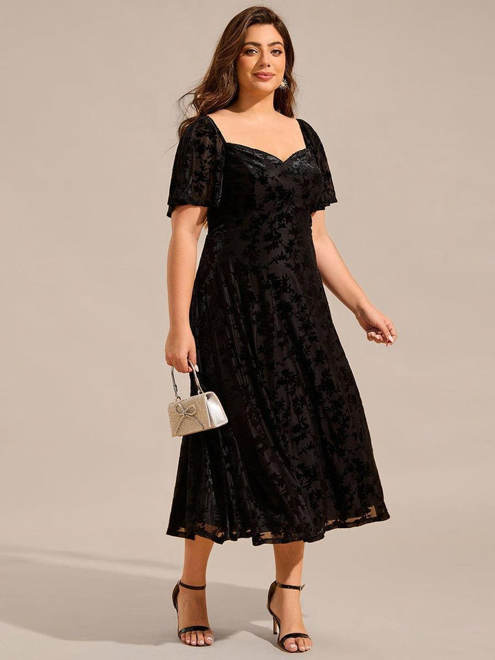 pretty BLOOM|Plus Size Velvet Short Sleeve Tea-Length Jacquard Wedding Guest Dress