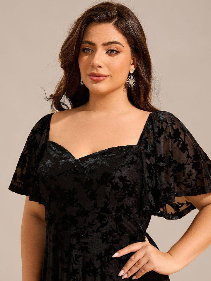 pretty BLOOM|Plus Size Velvet Short Sleeve Tea-Length Jacquard Wedding Guest Dress