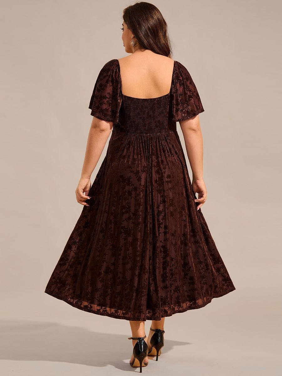 pretty BLOOM|Plus Size Velvet Short Sleeve Tea-Length Jacquard Wedding Guest Dress