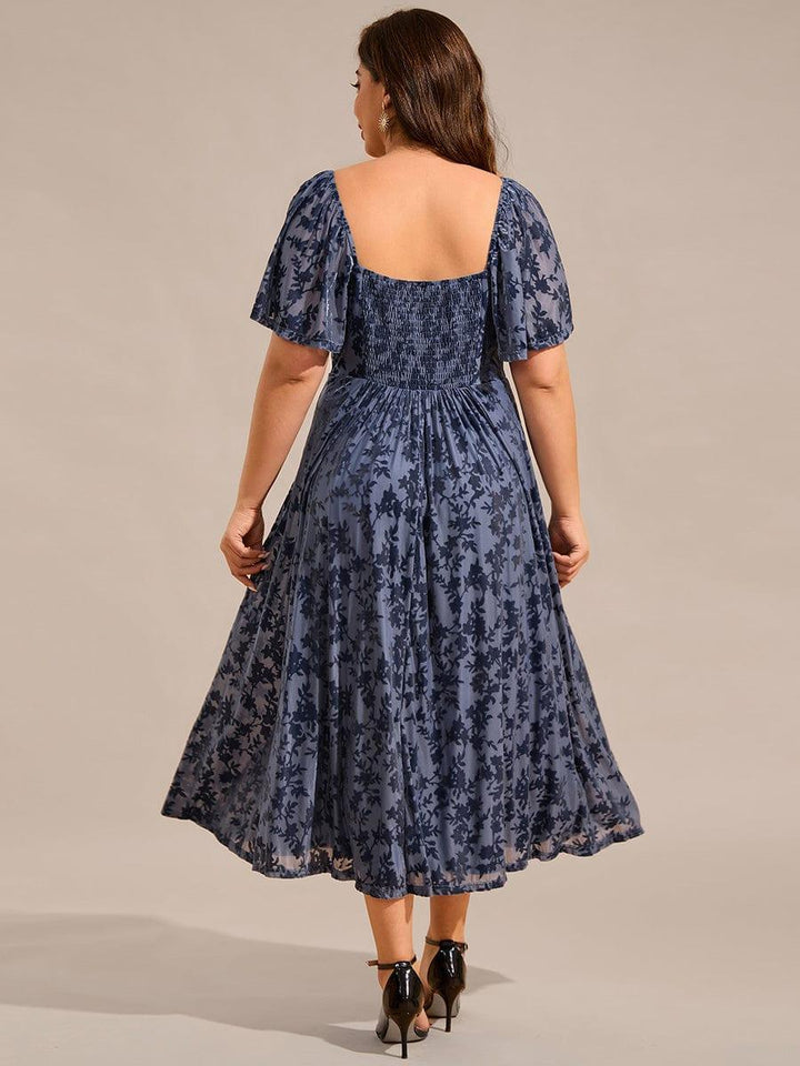 pretty BLOOM|Plus Size Velvet Short Sleeve Tea-Length Jacquard Wedding Guest Dress
