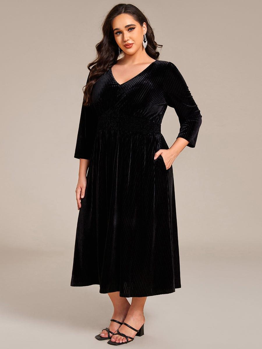 ever ARLET|Plus Size V-neck Long Sleeve Velvet A-Line Midi Wedding Guest Dress