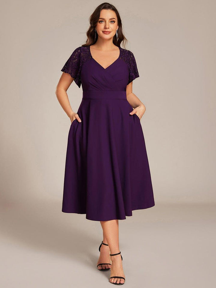 pretty EVIE|Plus Size Hollow Out Midi Wedding Guest Dress With Pockets
