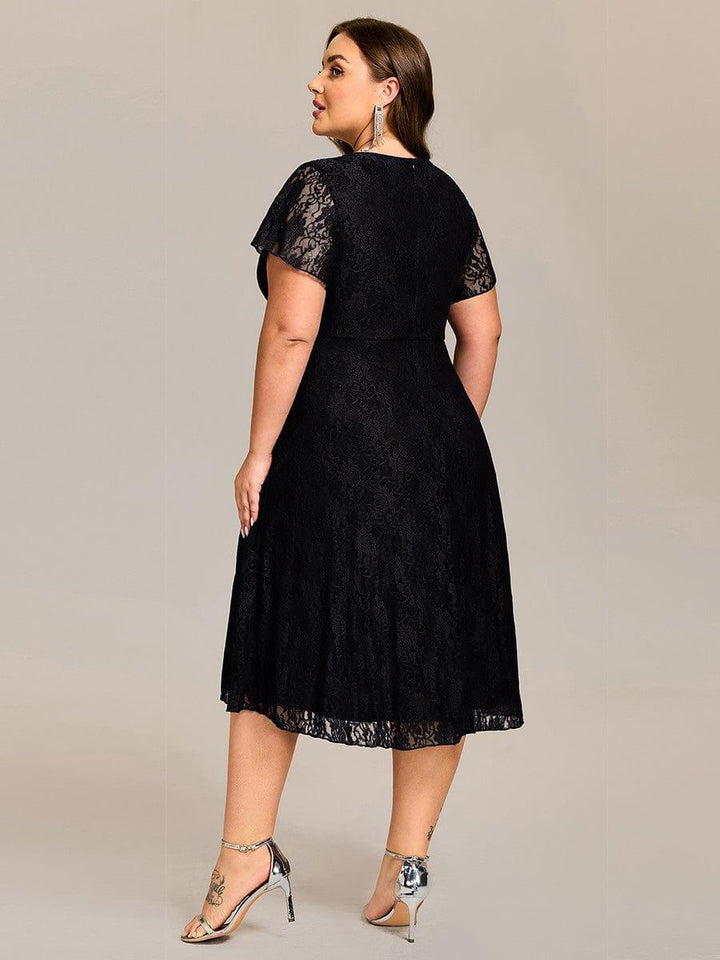 pretty PALOMA|Plus Size Lace Lotus Leaf Ruffles Sleeve Midi Wedding Guest Dress