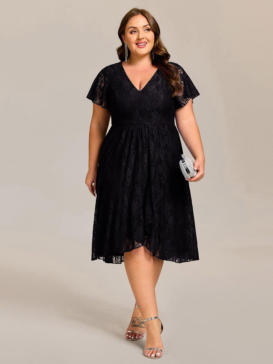 pretty PALOMA|Plus Size Lace Lotus Leaf Ruffles Sleeve Midi Wedding Guest Dress