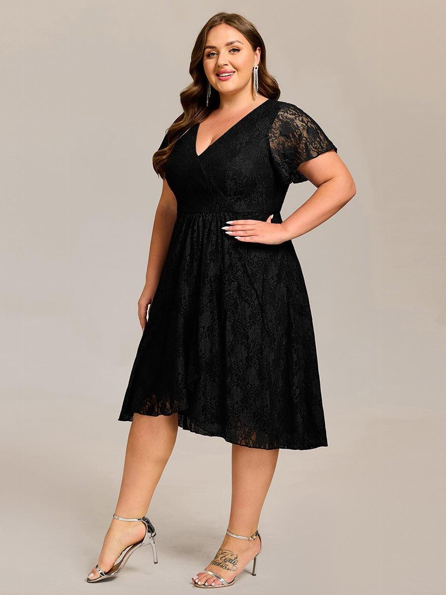 pretty PALOMA|Plus Size Lace Lotus Leaf Ruffles Sleeve Midi Wedding Guest Dress