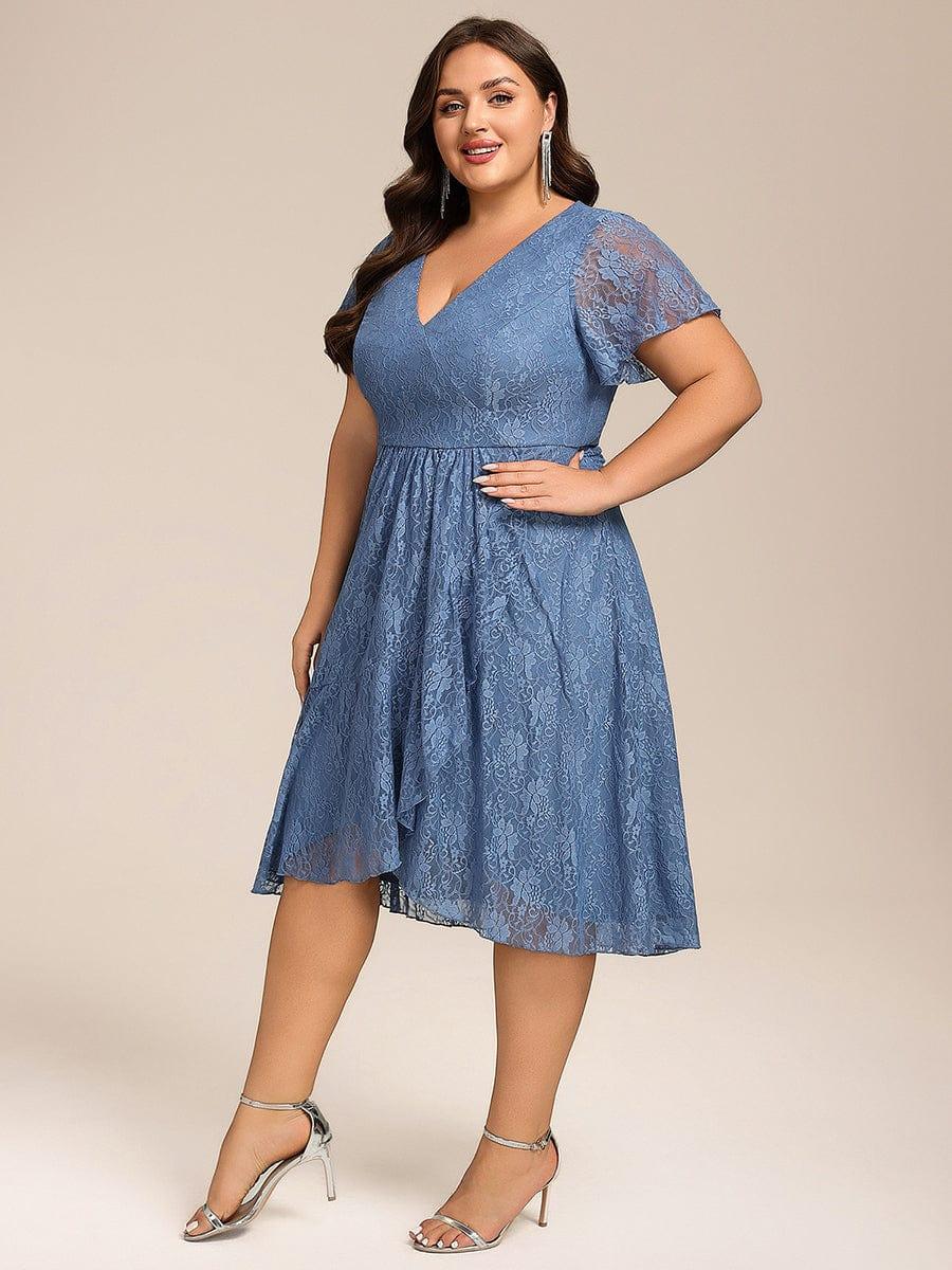 pretty PALOMA|Plus Size Lace Lotus Leaf Ruffles Sleeve Midi Wedding Guest Dress