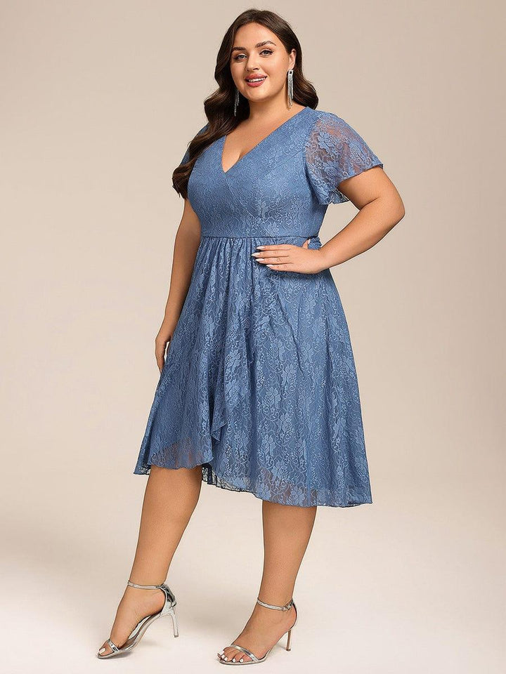 pretty PALOMA|Plus Size Lace Lotus Leaf Ruffles Sleeve Midi Wedding Guest Dress