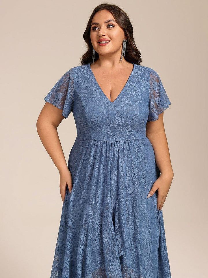 pretty PALOMA|Plus Size Lace Lotus Leaf Ruffles Sleeve Midi Wedding Guest Dress