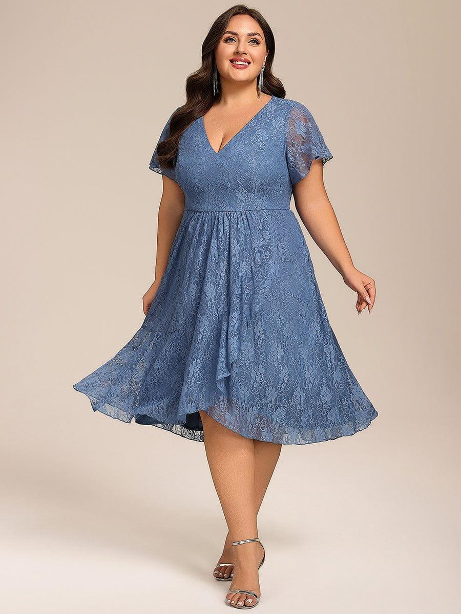 pretty PALOMA|Plus Size Lace Lotus Leaf Ruffles Sleeve Midi Wedding Guest Dress